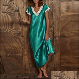 Women'S Sleepwear Womens Slee Dress Short Sleeve V Neck Homewear Long Nightgowns Loose Home Suit Nuisette Femme Drop Delivery Apparel Dhwtt