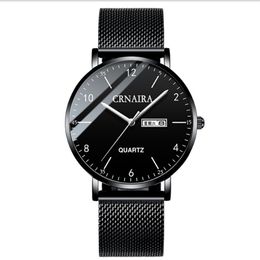 Crnaira Black Steel Mesh Band Quartz Mens Watches Luminous Calendar Watch Big Three Hands Casual Business Stylish Man Wristwatches259B