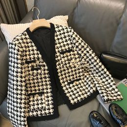 Autumn new women's tweed jacket Woollen houndstooth plaid grid Colour block short coat plus size casacos SMLXL