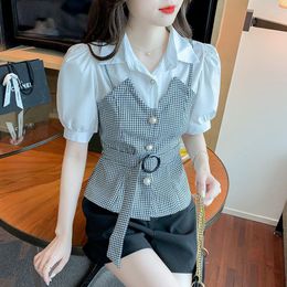 Women's Blouses Tops For Women Chiffon Clothes Plaid Womens Shirt & Blouse Office Outfits Short Sleeve Button Up Formal Wear To Work Vintage