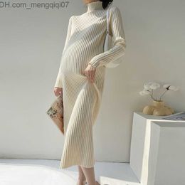 Maternity Dresses Pregnant women wearing Turltenck long thick knitted maternity long sweater loose dress Z230728