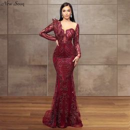 Purple Full Beading Long Sleeve Evening Dresses 2020 Sexy Illusion O Neck Middle East Dubai Mermaid Evening Gowns Formal Dress2952