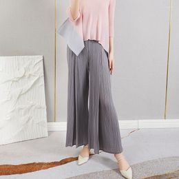 Women's Pants Summer 2023 Solid Colour Stretch Loose High Waist Split Miyake Pleated Wide Leg Trousers Full Length Casual