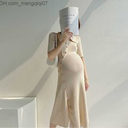 Maternity Dresses Pregnant Women's Solid Knitted Sweater Full Sleeve Elegant Sexy Long Dress Button Autumn Winter Pregnant Women's Dress New 2022 Z230728