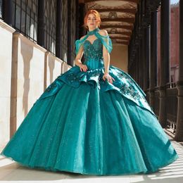 Blackish Green Shiny Off The Shoulder Ball Gown Quinceanera Dresses For Girls Applique Birthday Party Gowns Lace Up Back Graduation Prom Dress