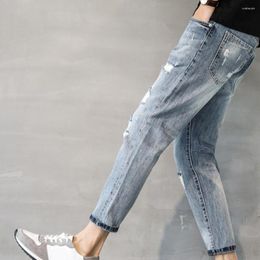 Men's Jeans Slim Fit Men Gradient Colour With Ribbed Holes Multi Pockets For Ankle Length Style Durable