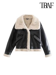 Women's Fur Faux Fur TRAF Women Fashion Thick Warm Faux Leather Shearling Jacket Coat Vintage Long Sleeve Flap Pockets Female Outerwear Chic Tops HKD230727