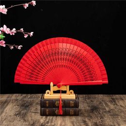 Chinese Style Products Spanish Wooden Folding Fan Pure Colour Hollow Carved Fan Dancing Fan Female Gift Home Living Room Decor Red White Yellow Fan