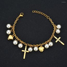 Link Bracelets Custom Name Bracelet Stainless Steel Engrave Personalized Pearl Cross Heart Letter O-Chain For Women Girl Fashion Gift