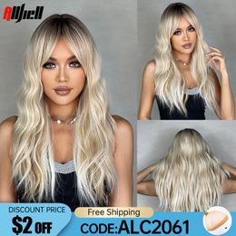 Cosplay Wigs Long Blonde Ombre Synthetic Wigs Bangs Natural Wave Daily Cosplay Wig Hair for Black Women Party Lolita Wig Heat Resistant Fiber 230727