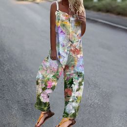 Women's Jumpsuits Rompers Printed cotton linen women's jumpsuit Summer elegant button shoulder strap backless Skin-tight garment 230727