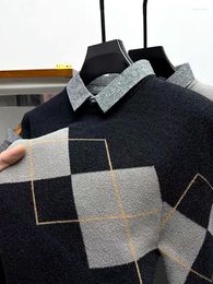 Men's Sweaters High Quality Retro Diamond Plaid Shirt Neck Sweater For Autumn And Winter Fashion Korean Casual Knitting Warm Pullover Men