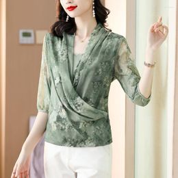 Women's Blouses Green Floral Print Chiffon Shirt Spring Summer Fashion Blouse 2023 Korean Style V-neck Long Sleeve Elegant For Female