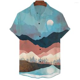 Men's Casual Shirts Cartoon Shirt For Men Fuji Mountain Printed Clothing Hawaiian Sweatshirt Daily Tops Street Tees Loose Oversized-Shirt