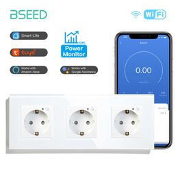 Smart Power Plugs BSEED Triple Tuya Smart Sockets Wifi Wall Socket EU Standard Smart Life Goolge alexa Yandex Voice Wireless Control Glass Panel HKD230727