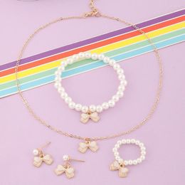 Necklace Earrings Set Y2K Sweet White Bowknot Pendant Fashion Temperament Imitation Pearl Bracelet For Women Girl Jewellery Gifts