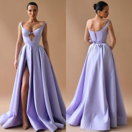 A Elegant Lavender Line Prom Dresses Straps Keyhole Neck Evening Dress Ruffle Split Formal Long Special Ocn Party Dress