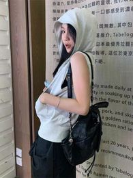 Women's Vests Vintage Light Grey Crop Hoodies Women Y2k Streetwear Harajuku Sleeveless Zipper Pocket Hooded Vest Summer Loose Coat Tee