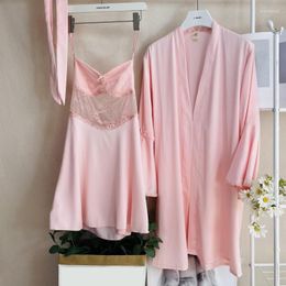 Women's Sleepwear Female Nighty&Robe Set Summer Satin 2PCS Kimono Gown Sleep Lace Hollow Out Chemise Nightgown Bathrobe Home Dress Lounge