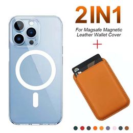 2 In 1 Leather Wallet Card Holder Case For Magsafe iPhone 13 14 15 12 11 Pro Max Plus Mini Magnetic Clear Phone Cover Case