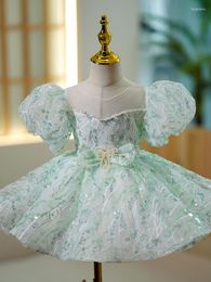 Girl Dresses O-neck Sequined Flower Girls Ball Gown Waist Bow Design Princess Vestidos Puff Sleeve Sweet Kids Birthday Party Dress