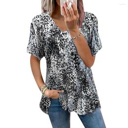 Women's T Shirts Leopard Printed V-neck Short-sleeved T-shirt Oversized Clothing Tee Shirt Summer Pullover Casual Loose Long Tunic Tops