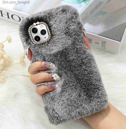 Cell Phone Cases For iPhone 11 Pro 8 Plus XR XS MAX Cases Warm Fluffy Furry Plush Hairy Phone Case Cover Cute Winter Rabbit Soft Fur Rhinestone82309549375 Z230728