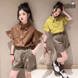 Clothing Sets Girls' Set Summer Fashionable 2023 Personalized Korean Edition Children's Ruffle Sleeve Shirt Shorts Two Piece