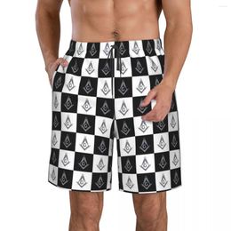 Men's Shorts Freemason Chequered Pattern Beach Fitness Quick-drying Swimsuit Funny Street Fun 3D