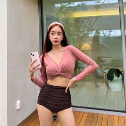 Women's Swimwear 2023 Korea Style Two Pieces Women Swimsuit High Waisted Long Sleeve Sunscreen Summer Holiday Beachwear