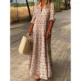 Casual Dresses Boho Maxi Dress Women Summer V Neck High Waist Loose Long Geometric Printed Vintage Holiday Beach Female Vestidos