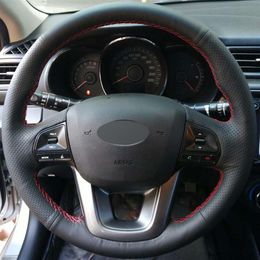 Black Genuine Leather DIY Hand-stitched Car Steering Wheel Cover for Kia K2 Kia Rio 2011 2012 2013269c