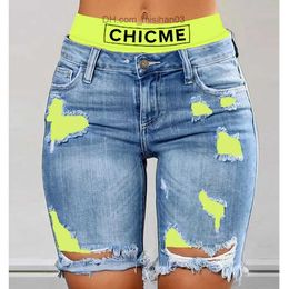 Women's Jeans Wepbel Fake 2 Piece Denim Shorts Women's Summer Sexy Tear Jeans Colourful Lock Letter Printing Shorts Jeans Tear Denim Shorts Z230728