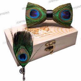 Neck Ties JEMYGINS original bow tie peacock feather handmade leather bow tie brooch pine gift set wedding party men's suit Bowtie Necktie 230728