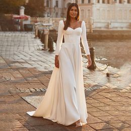 Simple Sweetheart Full Sleeves Wedding Dresses 2024 Backless Sweep Train Soft Satin Bridal Gown A Line Robe De Mariee For Women