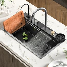 Kitchen Sink Waterfall Faucet Black Steel sink Large Single Bowl Wash Basin Sink multi function Dishwasher Kitchen Accessories