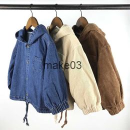 Jackets 2023 spring children's jacket boy new cardigan western fashion hooded denim jacket girl baby pure Colour corduroy casual jacket J230728