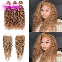 Brazilian Human Hair 3 Bundles With 4*4 Lace Closure 27# Color Kinky Curly Yirubeauty Virgin Hair Wefts With Closure Free Part