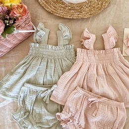 Clothing Sets Summer Baby Girls Suit Set Solid Cotton Linen Casual Square Neck Fly Sleeve TopsRuffle Shorts Clothes for Toddler Infant 230728