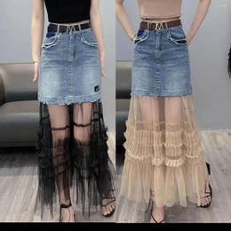 Skirts Fashion Denim Female High Waist Black Brown Mesh Splicing A-line Skirt Ladies All-match Jeans Womens Trend