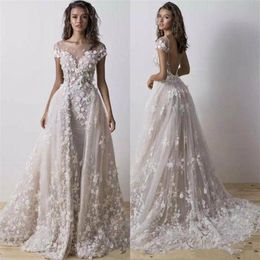Dimitrius Dalia Vestidos de Noiva Sereia com Trem Destacável 2020 Cap Sleeve 3D Floral Renda Backless Beach Trumpet Bride Wedding 2735