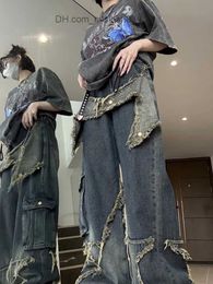 Women's Jeans Commodity jeans women's street loose oversized panel Pentagram raw hem pants 2023 retro blue hip-hop women's jeans shorts Z230728