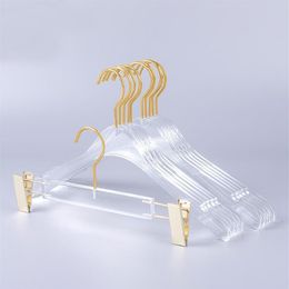 10 Pcs Top Grade Clear Acrylic Crystal Clothes Suits Hanger with Gold Hook Transparent Acrylic Pants Hangers with Gold Clips 2012282w