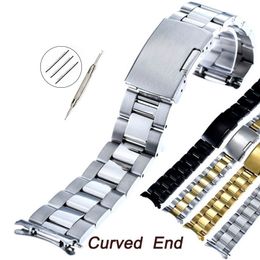 Watch Bands Curved End Stainless Steel Watchband 16mm 18mm 19mm 20mm 21mm 22mm 24mm 26mm Universal Wrist Straps Silver Gold Bracelet Band 230727