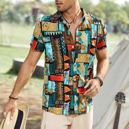 Men's Casual Shirts Hawaiian Beach Wind Short-sleeved Floral Shirt Summer Vacation Loose Retro Abstract Print Top Mens Clothing