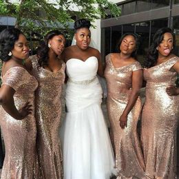 Sparkly Rose Gold Cheap 2020 Mermaid Bridesmaid Dresses Off-Shoulder Sequins Backless Plus size Beach Wedding Gowns Light Gold Cha245R