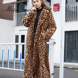 Women's Fur Faux Fur 2022 Winter Women's Faux Fur Leopard Print Rabbit Tailored Collar Warm Thick X-Long Coat Long Sleeve Hipster Jacket Feminino HKD230727