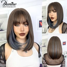 Cosplay Wigs Brown Ombre Blue Short Bob Hair Wig With Bangs Synthetic Wigs For Women Lolita Cosplay Daily Natural Heat Resistant Fiber Hair 230727