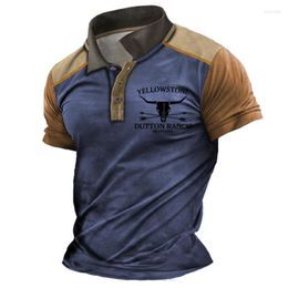 Men's T Shirts Vintage Letter Print Contrast Buttoned Polo Neck Short Sleeve T-shirt Loose Pullover Shirt 2023 Summer For Men Clothing