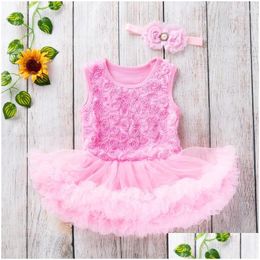 Girl'S Dresses Girl Baby Girls Evening Dress Suit Solid Colour Round Neck Sleeveless Rose Romper Flower Headband Bubble Tle Skirt Sum Dhgho